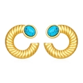 Golden C-shaped stainless steel earrings with spiral texture and blue oval stones - Turquoise Earrings Gold (MS-438)