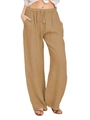 Men's wide-leg casual trousers in ochre yellow with elastic drawstring waist and linen texture - Brown