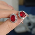 Oval cut ruby red stud earrings with halo white zircon set in S925 silver finish - Red Diamond Oval Earrings Led-81