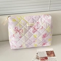 Macro shot of quilted lavender makeup bag with floral patterns and sturdy metal zipper - Dreamy Butterfly Handbag Pouch - Purple