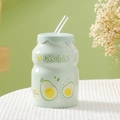 Mint green avocado ceramic mug with straw and lid in Yakult-bottle shape design - (Boxed) Avocado