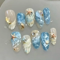 Handmade ocean theme press-on nails with 3D seashells, blue ocean waves and tiny pearls - K068【30pcs】 / Boxed (jelly Gel + Granules)