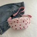 Pink corduroy crossbody bag featuring strawberry pattern and adjustable shoulder strap - Pink