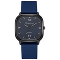 Dettaglio di un orologio al quarzo quadrato con cinturino in silicone blu e cassa nera - Blu