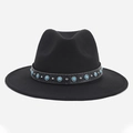 Classic black wool felt fedora with blue beaded bohemian ethnic style band decoration - Turquoise Rivet Belt