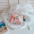 Pink floral fabric card holder with button closure and cactus charm on lace background - Cherry Pink Small Card Holder + Cactus Charm