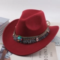 Red felt western cowboy hat with bohemian turquoise beads and tassel ethnic band - Ethnic Style / Burgundy