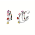 Detailed macro view of silver C-shaped hoops featuring multi-color zircon stones - Three-layer Rainbow Hoop-Silver (JQH0019-SS-2) / 24K