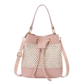 Detail of pink leather and woven straw bucket bag with gold hardware and drawstring - Pink
