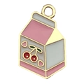 Pink and white enamel milk carton charm with cherry pattern and gold heart accent - 1Pc Milk Carton Shape 19x13mm