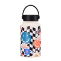 650ml white checkerboard smiley face water bottle with handle for sports and travel - Ivory Happy Together Checkerboard