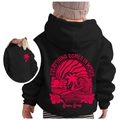 Kids black hoodie featuring a vibrant pink sunset surf print and palm tree back graphic - Black/Pink Print / 100cm