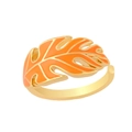 Close-up of golden Monstera leaf open ring with vibrant orange enamel inlay detail - Adjustable Open / Orange