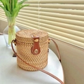 Handwoven cylindrical rattan crossbody bag with brown leather straps in natural finish - 13*13cm / Small Bucket Bag