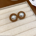 Vintage round stud earrings with silver hammered metal and brown velvet trim - Silver Pin - Coffee - White