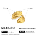 Adjustable golden leaf design stainless steel open ring with realistic texture detail - Overlapping Leaf Style (NB-R24255)