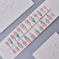 Pink French almond press-on nails set with 3D white floral patterns and green leaf charms - Pink 3D Relief Floral French Style (WY-058) / Multi-piece Box Set