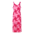 Pink sheer mesh sleeveless maxi dress with red floral embroidery on a white background - S / Tank Dress