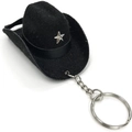 Close-up of a mini black cowboy hat keychain with a silver star and metal keyring - Black