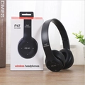 Macro shot of black P47 wireless Bluetooth 5.0 headphones with retail packaging box - Black