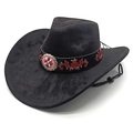 Chapeau de cowboy noir avec bandeau brodé et boucle en argent sur un fond blanc neutre - M (56-58cm) / Noir