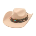 Ethnic style beige western cowboy hat with turquoise and beaded decorative band - One Size / Beige (With Metal Bull Head & Ethnic Decor Band)