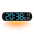 Reloj de pared digital negro con pantalla LED azul y luz de fondo naranja cálida - Azul