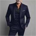 Slim fit men's three-piece business suit in navy blue with blazer, vest and trousers - XXS / Navy Blue