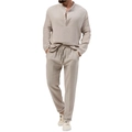 Detailed view of men's beige cotton linen set with long sleeve shirt and drawstring pants - S / Top And Bottom / Apricot