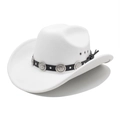 Classic white felt western cowboy hat with black leather band and silver buckle accents - M (56-58cm) / White