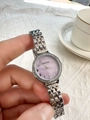 Detail of silver ladies watch with pink pearl dial and diamond-set bezel on lace - Silver Purple