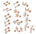 Rose gold cartilage earring set featuring moon heart and cross studs with clear crystals - Rose Gold