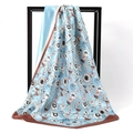 Light blue floral satin square scarf with daisy print and brown contrast border - Sunflower Light Blue