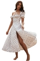 Summer blue floral midi dress with puff sleeves and a high side slit in a French style - White with Blue Flowers