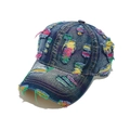 Washed denim baseball cap featuring distressed holes with colorful inner stitching - M (56-58cm) / Navy Blue