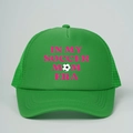 Neon green mesh trucker hat with pink In My Soccer Mom Era text and football graphic - One Size / Green