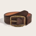 Vintage Y2K brown leather belt with embossed patterns and antique bronze buckle on white - Vintage Embossed Buckle / Brown