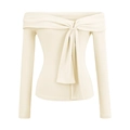 Beige off-shoulder long sleeve ribbed top with an elegant knot detail and slim fit - S / Milk Apricot