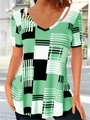 Close-up of mint green plaid V-neck T-shirt with hollow-out cutout details - S / Tops / Green Plaid