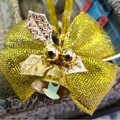 Golden mesh ribbon Christmas bow ornament with metallic leaves and jingling bells - Style 45-Gold Mesh Large Bow Three Bells