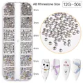 Strass per unghie AB in scatola a 12 griglie con cristalli da 3mm, 4mm e 5mm - Grandi Strass a Dorso Piatto AB Aurora Misti (12G-504)