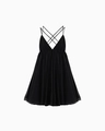 Sexy black deep V-neck sleeveless backless pleated mini dress with criss-cross straps - Black