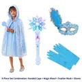 Blue princess costume set with glowing snowflake wand, hooded cape, mask and gloves - Blue 4-Piece Set: Cloak + Wand + Mask + Gloves