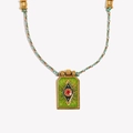 Green enamel eye necklace with red gemstone and colorful braided cord in 18K gold finish - Woven Rope Enamel Eye Tarot-Gold Green