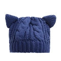 Navy blue knitted beanie with cute cat ears and chunky cable stitch pattern - One Size / Navy Blue