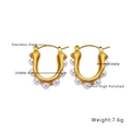 Detail view of U-shaped gold stainless steel earrings with white pearls and dimensions - U-Shape Side Row Pearl Style (E206)