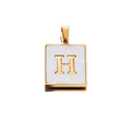 Close-up of golden square pendant featuring white shell inlay and 3D metal letter H - Gold H