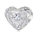 S925 sterling silver heart charm with transparent zircon and embossed stars for DIY bracelet - SCC2907 Heart Star Bead