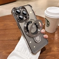 Silver plated magnetic phone case for iPhone with integrated ring stand and grey back - [titanium Original Color] With Lens Protector ★ Airbag Shockproof ★ High Transparency And Non-yellowing / iPhone 15 Pro Max