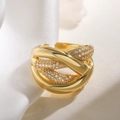 Elegante anillo abierto multicapa bañado en oro con piedras de circonita brillantes - Cruz con Engaste Pavé-14417 / Dorado
